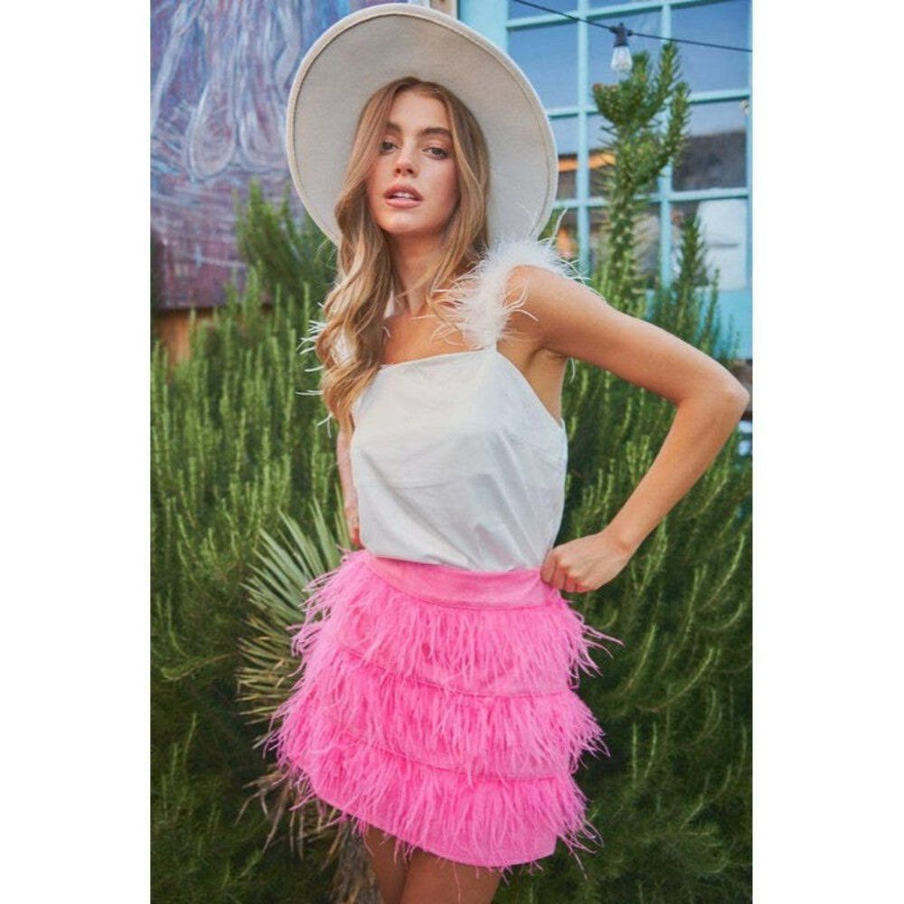 Blue B Hot Pink Faux Suede Ostrich Fur Mini Skirt Fringe S-L New 32080S